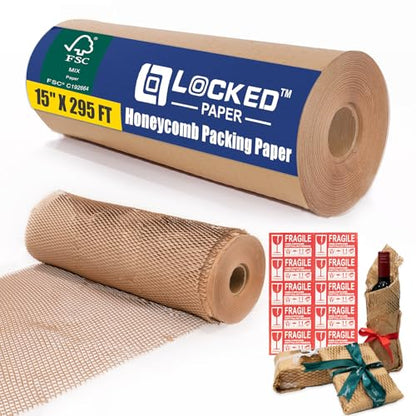 Honeycomb Packing Paper Roll 15" x 295 FT with Fragile Stickers– Biodegradable Cushioning Wrap for Moving, Shipping & Gift Wrapping – 100% Recyclable, FSC Certified Eco-Friendly Packaging - size: 15" x 295ft