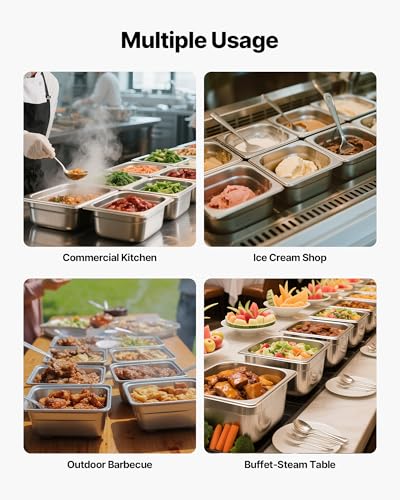 VEVOR 6 Pack Stainless Steam Hotel Pans, 1/6 Size Table Steam Pan, 4 Inch Deep, Anti Jam Restaurant Supplies Reusable Rustproof Catering Storage for Home, Party, Restaurant, Hotel, Buffet - size: 1/6 Size, style: 4 Inch Deep