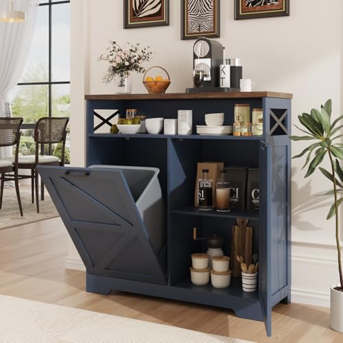 Befrases Tilt Out Trash Can Cabinet for 13 * 1 Gallon Trash Can, Farmhouse Kitchen Island Cabinet with Adjustable Shelf for Hidden Laundry Basket, Dog Proof Garbage Can for Dining Living Room, Blue - color: Blue, size: 1 x13 Gallons