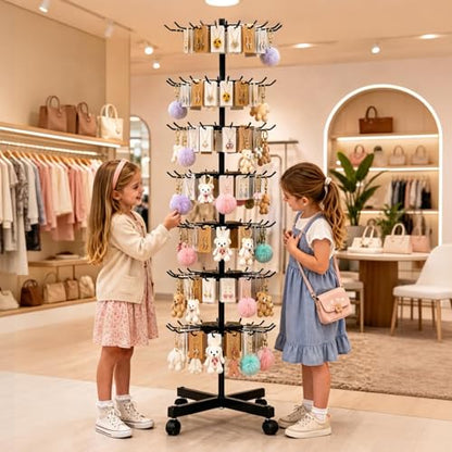 7-Tier Heavy Duty Rotating Display Rack with Wheels, Metal Floor Spinner Stand for Retail Store, Adjustable Keychain & Jewelry Display Shelves for Craft Fair & Showroom