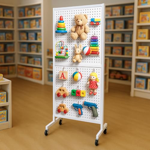 Royxen 5.3 x 1.9 Ft Standing Pegboard Display with T-Base, Locking Wheels and 20 Hooks, Metal Peg Board Display Stand for Craft Shows, Vendors and Retail Stores, White - color: White