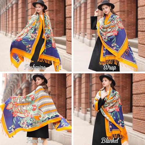 DANA XU 100% Merino Wool Extra Large Pashmina Shawl for Women - color: Blue Yellow Floral