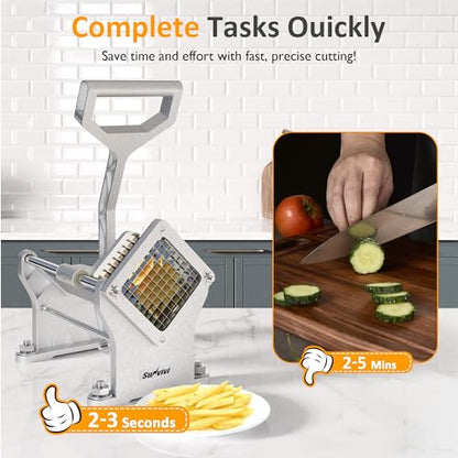 Sunvivi Commercial French Fry Cutter, Heavy Duty Potato Slicer with 3 Replaceable blades (1/2, 3/8 Inch, 6-wedge Slicer), Professional Fries Cutter for Restaurant & Home Kitchen, Stainless Steel - size: Large-Horizontal