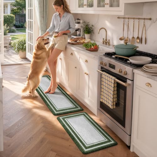 KIMODE Kitchen Mats Cushioned Anti Fatigue,Farmhouse Kitchen Rugs Sets of 2 - color: Dark Green, size: 17.3" x 47 "+ 17.3" x 29 "--0.47 inches