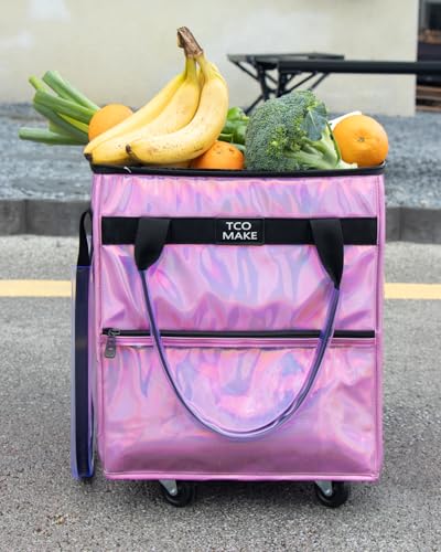 Small Phantom Pink Reusable Grocery Bag on Wheels, Folding Rolling Tote - color: Phantom Pink, size: Small