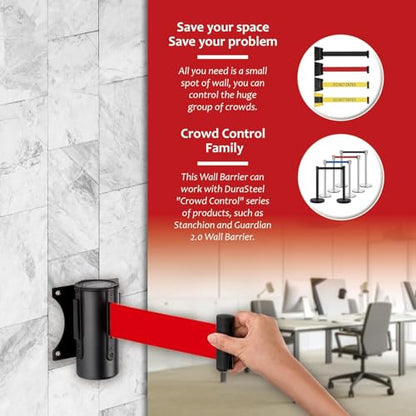 DuraSteel Wall Mount Crowd Control Retractable Belt Barrier - 9.2 Ft Red Retractables Barrier Belt, Crowd Control Barriers Do Not Enter Line Dividers for Crowds NOT Stanchions with Retractable Belts - color: Red Belt, size: Black Case