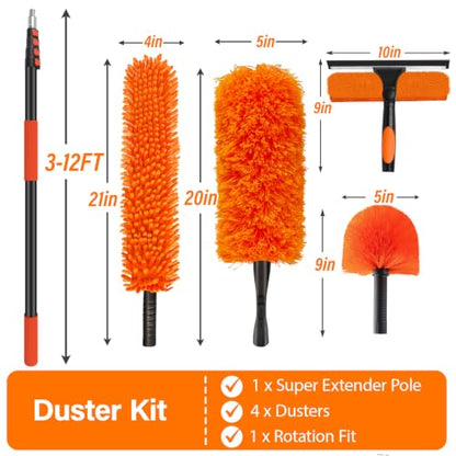 18FT High Reach Duster Cleaning Kit with 3-12 FT Extension Pole - size: Reach 18FT(12FT)