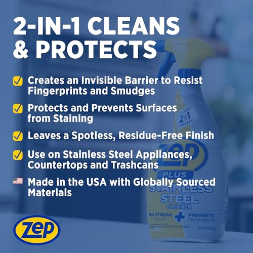 Zep Plus Stainless Steel Cleaner - 32 oz (2 Pack) & Blue Microfiber Rag