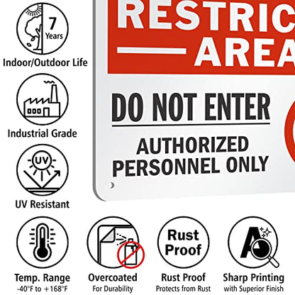 SmartSign 7 x 10 inch “Restricted Area - Do Not Enter, Authorized Personnel Only” Metal Sign with Symbol, 40 mil Laminated Rustproof Aluminum, Red, White and Black, Made in USA - style: 7" x 10" - Aluminum
