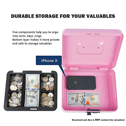 Kyodoled Large Cash Box with Combination Lock,Safe Metal Money Box with Money Tray for Security Lock Box 9.84"x 7.87"x 3.54" Pink Large - color: Pink (Pack of 1), size: Large