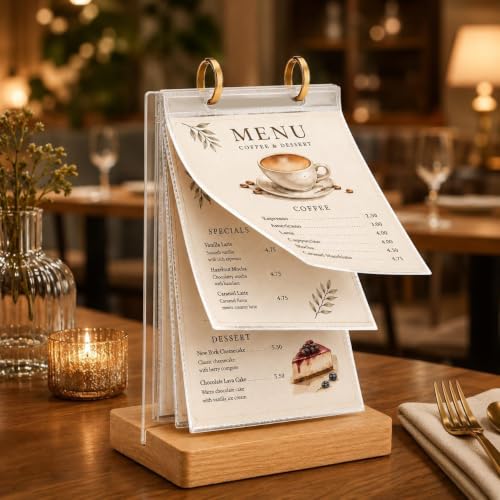 1Pcs Flip Menu Holder, with 6 Pages Sleeve, Removable Pages, 4" X 6" Table Sign Display Stand, with Wooden Base, Rotating Poster Binders Rack, for Photo, Restaurant, Job Fair - size: Beechwood Color-4x6"-1pcs