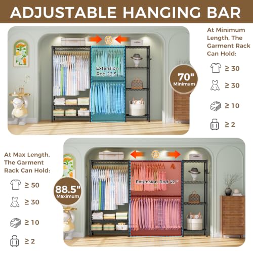 Golpart Heavy Duty Clothes Rack Metal Wardrobe with Adjustable Wire Shelves - color: Black, size: 15.75"D x (70~88.5)"W x 76.5"H