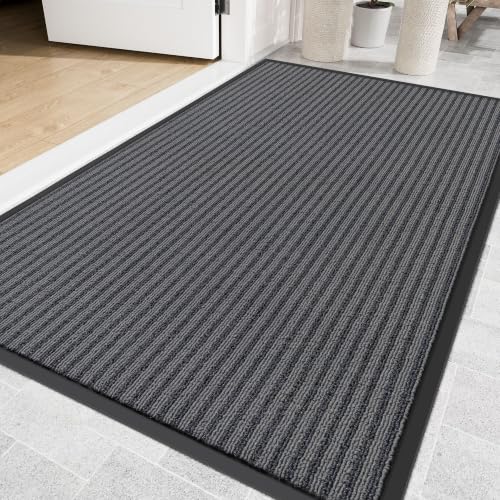 Front Door Mat Outside Entrance, 48" x 36" Heavy Duty Indoor Outdoor Doormat, Non-Slip, Trap Dirt, Low Profile Commercial Floor Mats for Entry, High Traffic Area, Grey Dual Stripes - color: Grey Dual Stripes, size: 48" x 36"