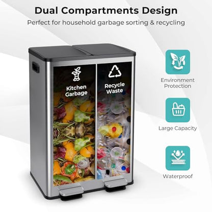 Goplus Dual Trash Can, 16 Gallon/ (2x30L) Double Trash and Recycling Bin Combo for Kitchen, Stainless Steel Garbage Can with 2 Removable Inner Buckets, Soft Closure & Step-on Pedal - color: Silver, size: 16 Gallon