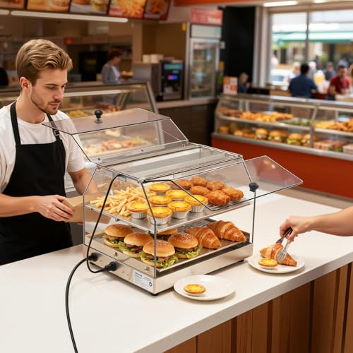 VEVOR 2-Tier Commercial Food Warmer Display, 450W Food Display Warmer with Light, Detachable Shelves and Double-Sided Door Design, 85℉~185℉ Air Heating, 48L for Hamburger, Pizza, Bread, Fried Chicken - size: 2-Tier-51Qt