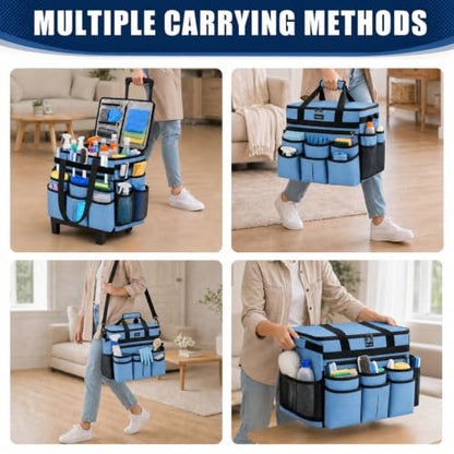 Large Rolling Cleaning Caddy Bag with Telescoping Cart, Blue - color: Blue