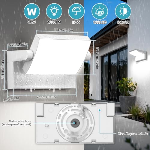 40W Outdoor LED Sconce 350° Rotatable Panel 6000K IP65 Waterproof - color: 1/40w/6000k/White