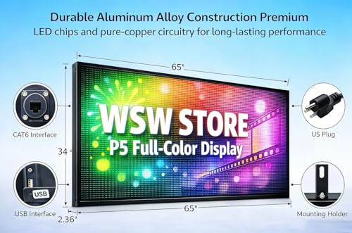 P5 Outdoor LED Sign 65"x34" - IP65 Waterproof Programmable led Sign Board WiFi & USB Control Full Color LED Scrolling Display Support Texts, Images& Video