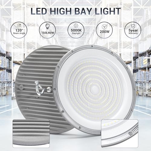 XYCN 10 Pack 200W UFO Led High Bay Light,120VAC,6000K Daylight Commercial Bay Lighting,IP66 Waterproof,30500LM,850W MH/HPS with Plug Area Lighting for Warehouse/Shop/Workshop/Barn/Gym/Factory - size: 200W 10pack UFO high bay light