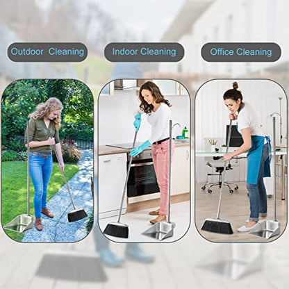 Heavy Duty Broom and Dust pan Set, Stainless Steel Broom and Dustpan Set with Long Handle, Broom with Dustpan Set for Home Standing Dust Pan Indoor Outdoor Brooms Dustpan - color: Black Broom and Dustpan Set