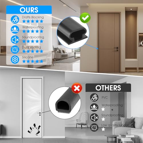 Weather Stripping Door Seal Strip, D-Shaped Self-Adhesive, Soundproof Blocks Cold Drafts & Dust, Black TPE 20Ft (3/8" W × 1/4" T) for Door Frames & Windows
