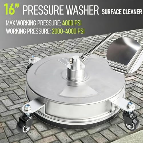 Hourleey 16" Pressure Washer Surface Cleaner, Stainless Steel Surface Cleaner with 4 Wheels for Concrete, Patio, Sidewalk, Deck, Pathway 1/4" Quick Connector, 2 Extension Wand, 4000 PSI - size: 16 Inch