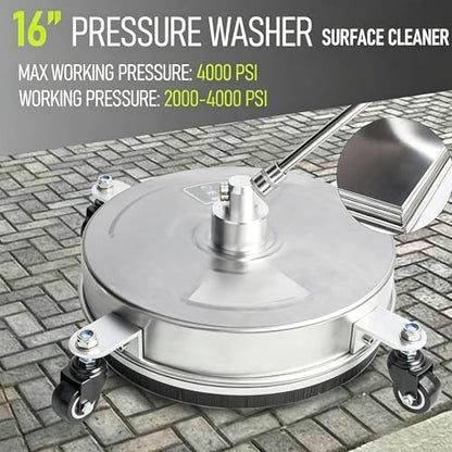 Hourleey 16" Pressure Washer Surface Cleaner, Stainless Steel Surface Cleaner with 4 Wheels for Concrete, Patio, Sidewalk, Deck, Pathway 1/4" Quick Connector, 2 Extension Wand, 4000 PSI - size: 16 Inch
