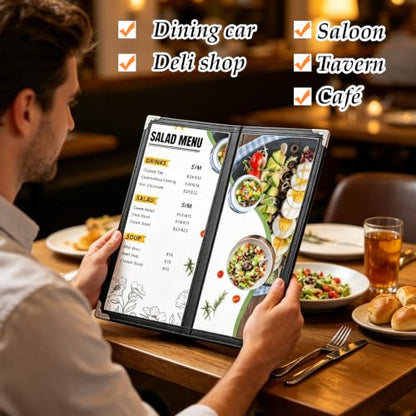 SHUESS 20 Pcs Menu Covers, 11 X 4.5 Inch 2 Page 4 View Restaurant Menu Covers with Clear Plastic Sleeves, Loose-Leaf Leather Order Holder with Leather Edges and Metal Clips for Restaurant, Bars, Café