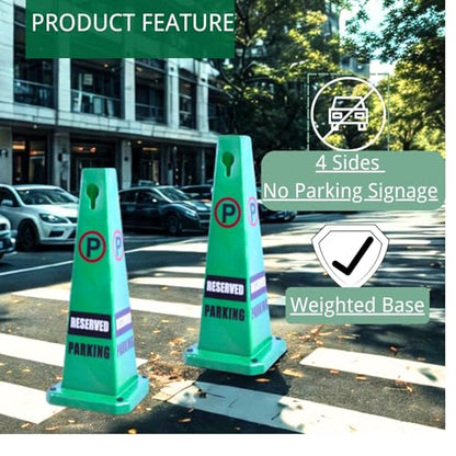 BESEA 4Pack No Parking Cone Green Caution 4 Sided No Parking Cone Reserved Parking - color: Green, size: 26.5INCH With Caution Sign