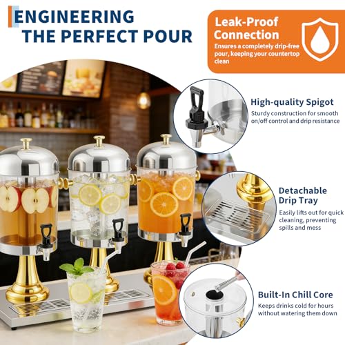 GarveeHome 6.6 Gallon Ice Core Cold Beverage Dispenser, Stainless Steel Drink Dispenser with Stand, Spigot & Drip Tray for Cold Drinks, Lemonade, Juice Dispenser for Parties Weddings Hotels, Gold - color: Gold, size: 6.6 Gallon