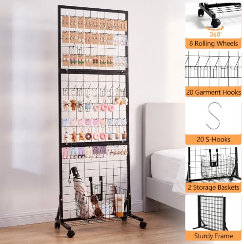 1.9' x 5.6' Grid Wall Panel, Movable Gridwall Display Rack with Hooks