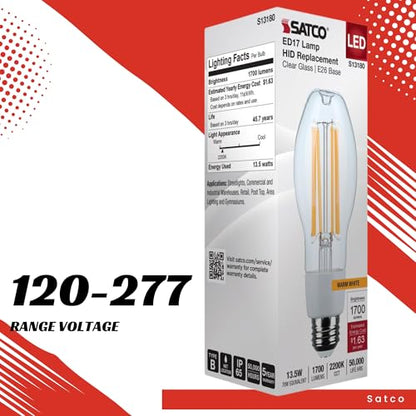 Satco S13180 13.5W LED HID Replacement Bulb, ED17, 2200K, Medium Base (E26), Clear Lens, 120-277V, Ballast Bypass, Enclosed Fixture Rated, High Lumen Output for Outdoor and Commercial Use (20 Pack)