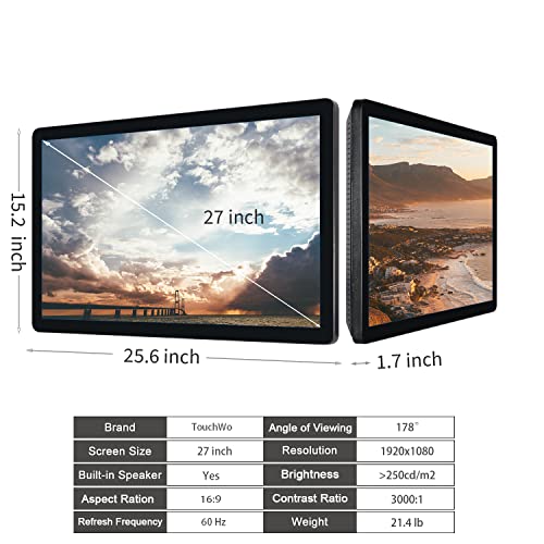 27 inch Capacitive Multi-Touch Screen Industrial Monitor, 16:9 Display 1920 x 1080P, Built-in Speakers, VGA, DVI & HDMI Monitor for PC, POS, Small Business, Restaurant - size: 27-inch