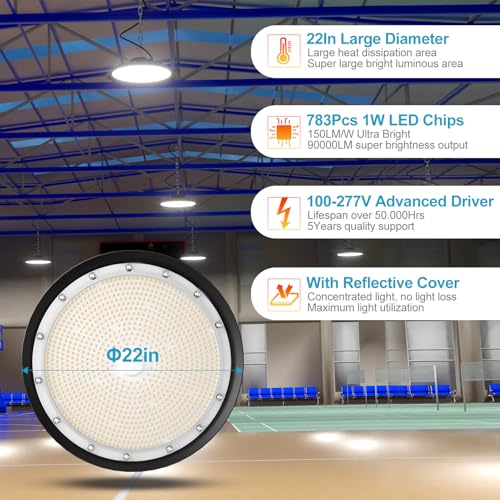 Lightdot 600W High Bay LED Light 90000lm Commercial Bay Lighting AC100-277V (Driver Equipped, 5Yrs Warranty) UFO LED High Bay Shop Light for Warehouse,Workshop, Garage & Barn,Plug & Play-2Pack