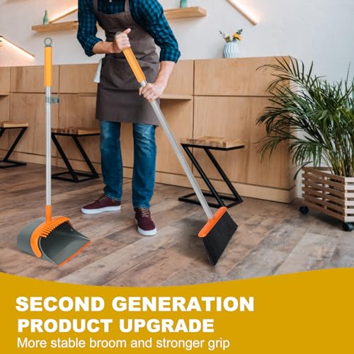 Broom and Dustpan Set with 54 Inch Long Handle - Perfect Dust Pan and Brush Combo for Home Efficient Cleaning (Orange and Grey) - color: Orange and Grey