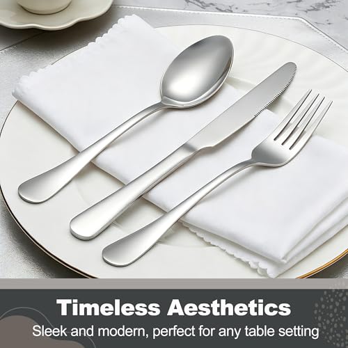 Runfly 40-Piece Silver Flatware Set, Stainless Steel Cutlery Set for 8 - color: Silver, size: 40