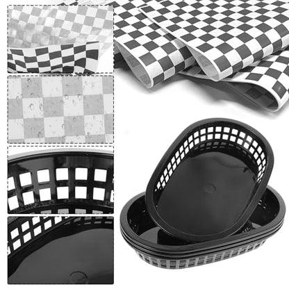 Rainmae Plastic Food Baskets with Parchment Paper Liners, 12 Fast Food Baskets with 100 Deli Paper Sheets, Snacks Basket, Candy Fruits basket, Plastic Baskets, Restaurant Baskets for Food-Retro Style - color: Black(12 Pcs+100 Deli Paper）