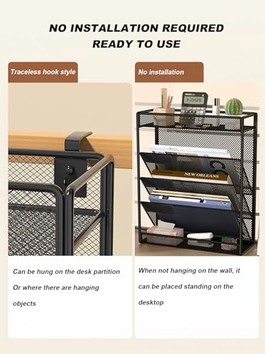 5 Tier Mesh Wall File Organizer,3 Pockets vertical Mount Hanging Organizer with Top/Bottom Tray | 2 Hooks | Wall Mount & Door Hanging for Office Home
