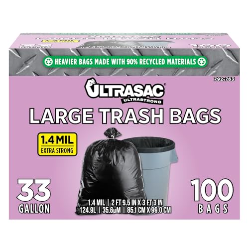 Ultrasac 33 Gallon Trash Bags - (Huge 100 Pack/w Ties) - 39" x 33" Heavy Duty Large Professional Quality Black Garbage Bags - Extra Strong Plastic Trashbags for Home, Kitchen, Lawn, and Other