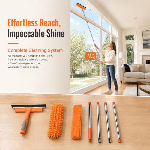 2-in-1 Window Cleaner Tool, 68'' Squeegee for Window Cleaning - color: Orange
