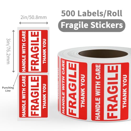 2'' x 3'' Fragile Stickers, 500 Labels/Roll, 4 Rolls - size: 2" x 3" - 4 Rolls