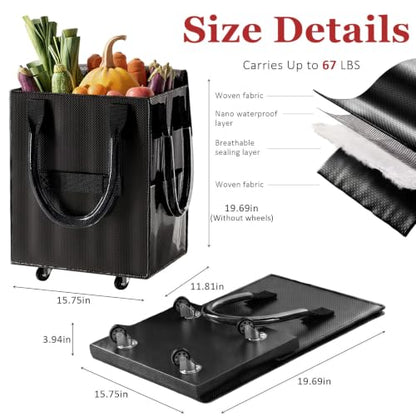 Reusable Grocery Bag on Wheel, Foldable Shopping Cart with Wheels, Can Carry up to 67 Pounds, Suitable for Groceries, Laundry, Camping and Moving. (Black - Small) - color: Black - Small