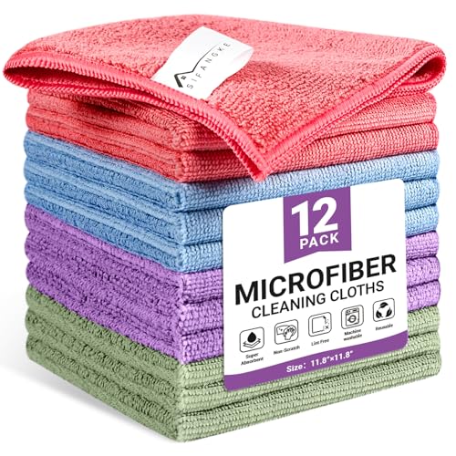 SIFANGKE Microfiber Cleaning Cloth, 12 Pack Assorted Color Cleaning Rags for Housekeeping, Colorful Reusable Microfiber Towels for Car, Kitchen, Bathroom and Household Cleaning Supplies, 11.8"X11.8" - color: Assorted - Multicolor, size: 1 Count (Pack of 1