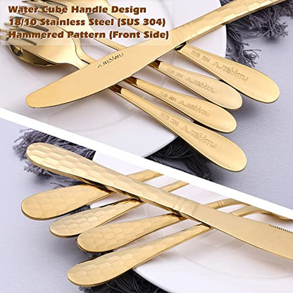 20 Piece Silverware Set for 4, Hammered Silverware Set 18/10 Stainless Steel Tableware Cutlery Flatware Spoons and Forks Set for Home Kitchen Restaurant, Unique Utensils Set Dishwasher Safe (Gold) - color: Gold