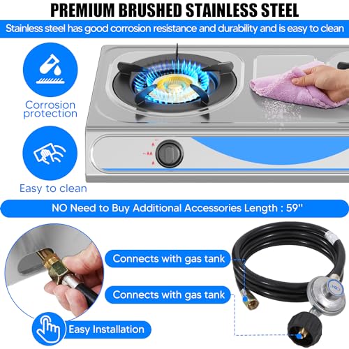 Propane Gas Stove,2 Burner Propane Burner, with Removable Leg,Auto Ignition Camping Stove,Portable Gas Stove for RV, Apartment, Outdoor - color: Silver