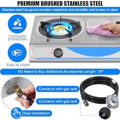 Propane Gas Stove,2 Burner Propane Burner, with Removable Leg,Auto Ignition Camping Stove,Portable Gas Stove for RV, Apartment, Outdoor - color: Silver