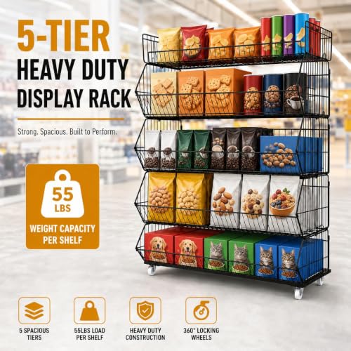 5 Tier Snack Rack Display Stand with Wheels, Rolling Retail Display Rack