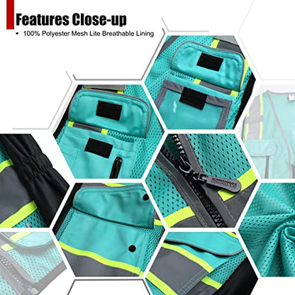 High Visibility Reflection Peacock Mesh Safety Vests with 9 Pockets and Front Zipper, hi vis safety vest for Women (Peacock-16,XL) - color: Peacock, size: X-Large