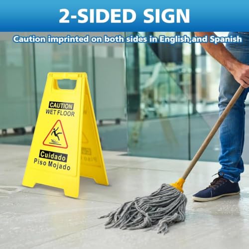 24 Inches Caution Wet Floor Sign Bright Yellow Double Sided Bilingual Folding A-Shaped Frame Design Caution Message Safety Warning Wet Floor Sign Collapsible Commercial Warning Sign Prevent Slip