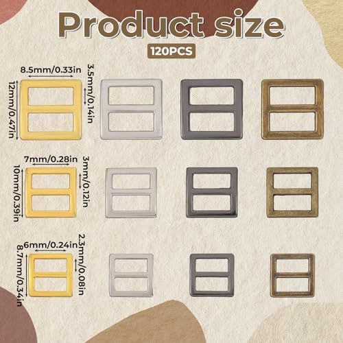 120 Pcs Sewing Mini Slider Tri-Glide Buckles, 8 mm 10 mm 12 mm Metal Slide Buckle Webbing Strap Adjustable Buckle Fasteners Belt Adjuster DIY Accessories for Purse Bag Backpack, 4 Colors